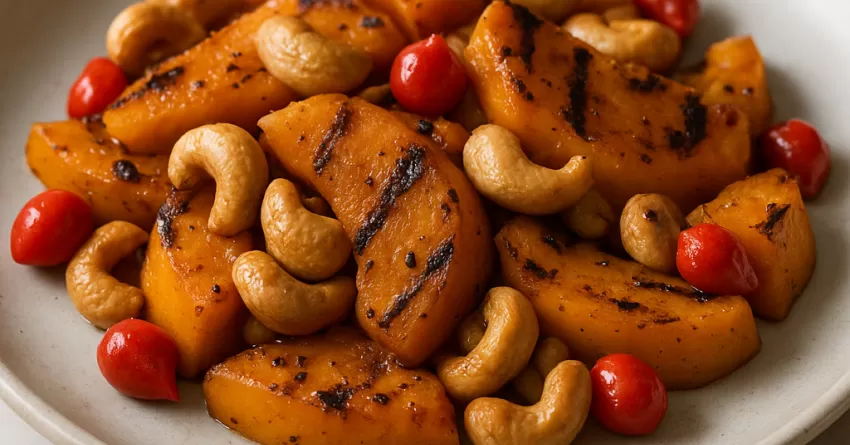 Abóbora grelhada com castanha -de-caju e pimenta biquinho