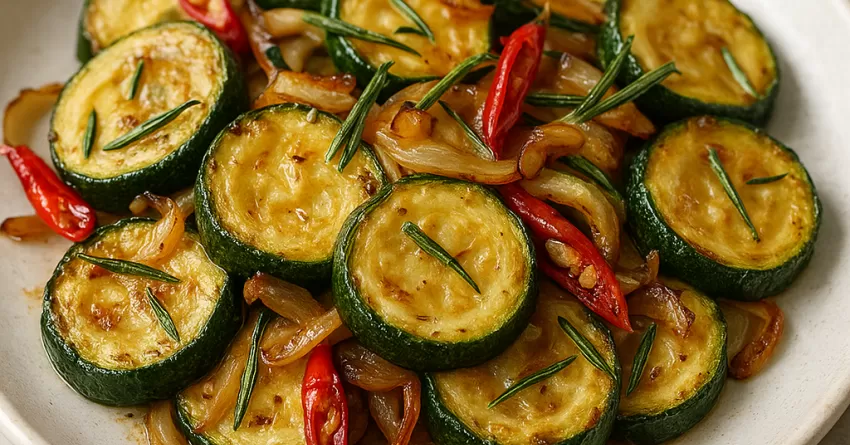 Abobrinha assada com alecrim cebola e pimenta dedo-de-moça