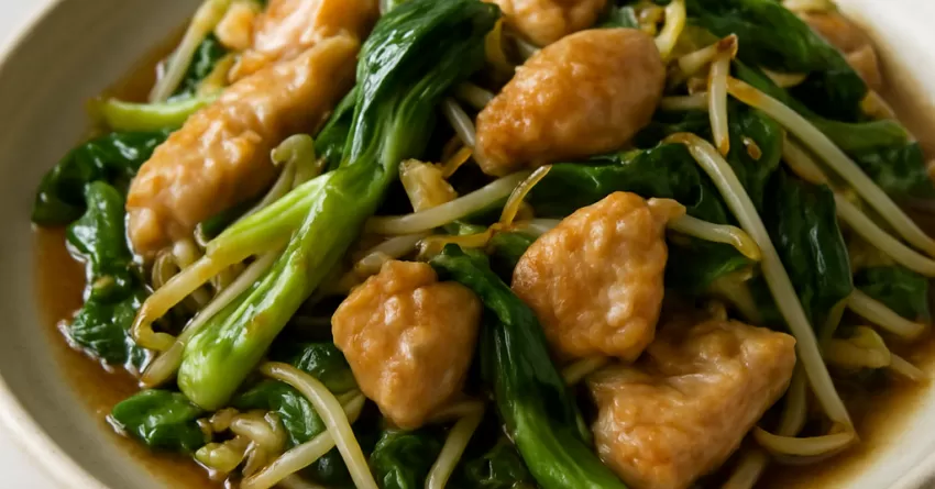 Frango oriental com acelga e broto de feijão