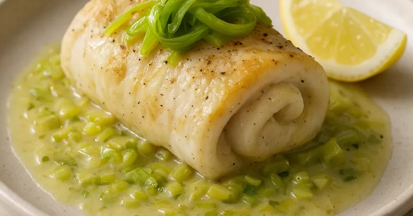 Enroladinho de peixe branco com molho de alho-poró e limão
