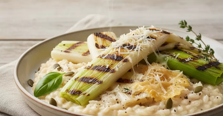 Risoto de queijo com alho poró grelhado
