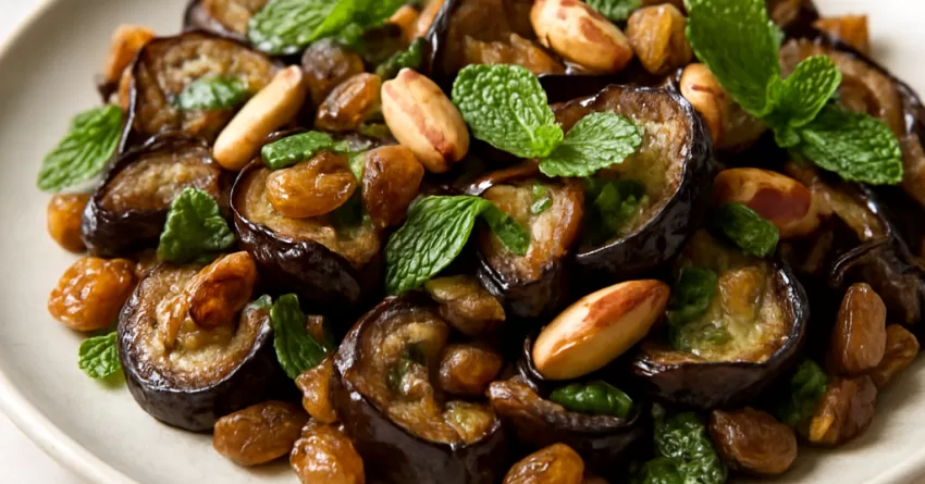 Salada de berinjela com castanha-do-pará uva-passa e hortelã