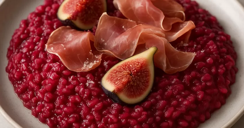 Risoto de beterraba com figo e presunto cru