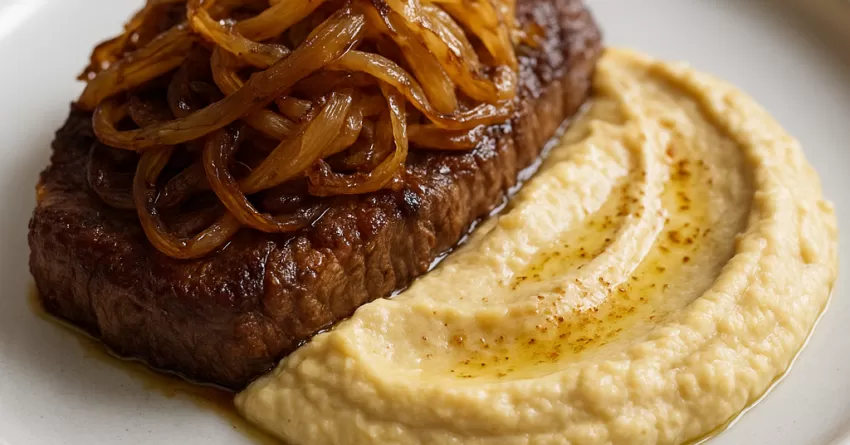 Cebola caramelizada sobre carne com homus hummus ma lahmal