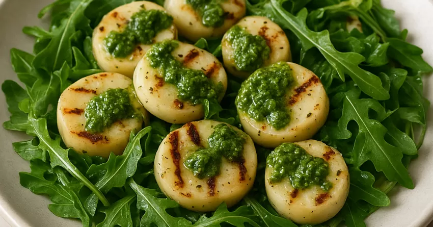 Salada de pupunha grelhado com molho pesto genovês
