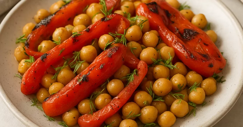 Salada de pimentão grelhado com grão-de-bico e erva doce