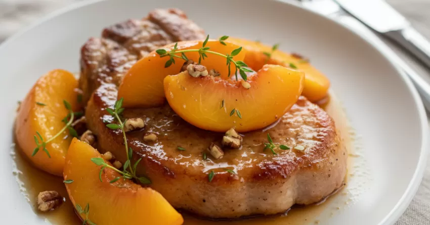 Costeleta de porco com pêssego em calda