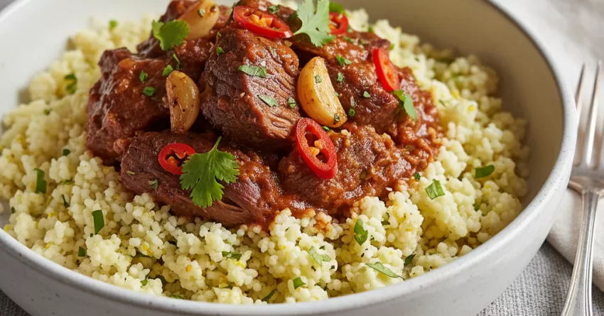Carne apimentada com arroz de couve-flor